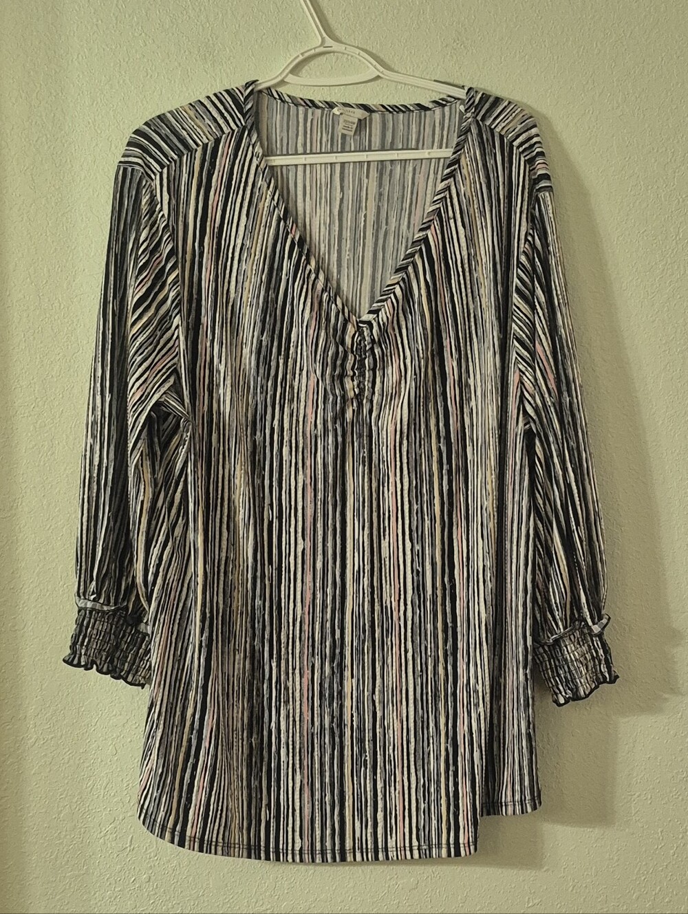 Striped V-Neck Long Sleeve Tunic in Black & White with Pink Accents